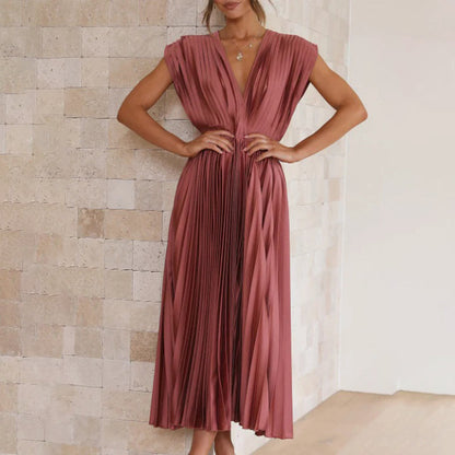 Draped Backless Sleeveless Cinched Pleated Midi Dress