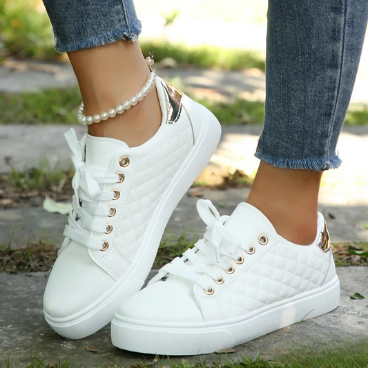Lace Up Quilted Metallic Heel Patch Shoes