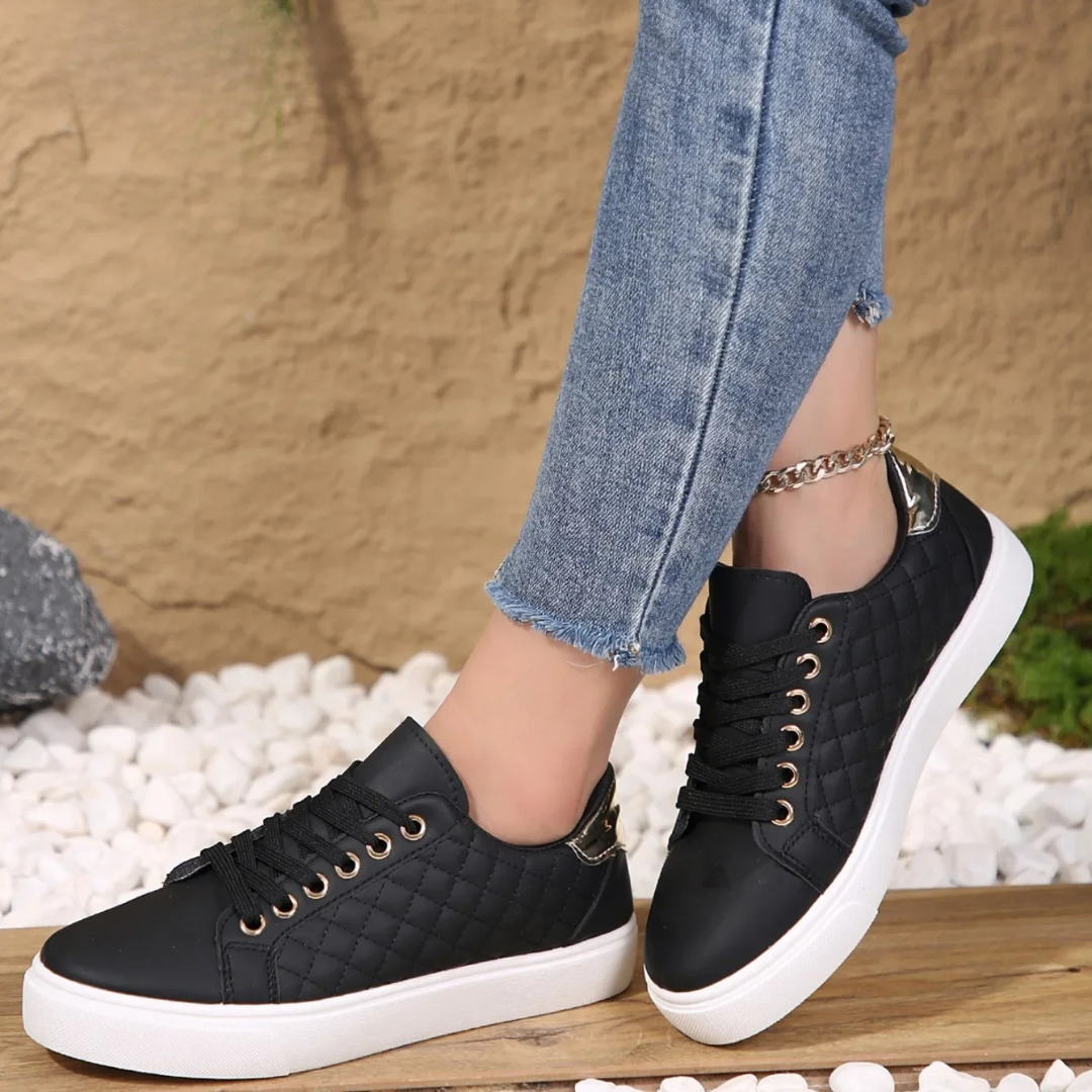 Lace Up Quilted Metallic Heel Patch Shoes