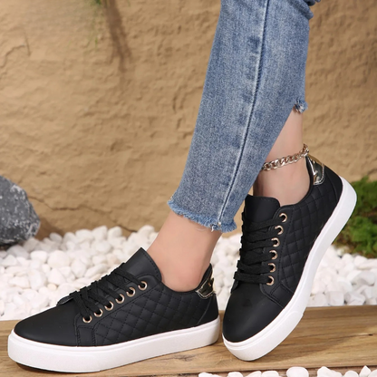 Lace Up Quilted Metallic Heel Patch Shoes