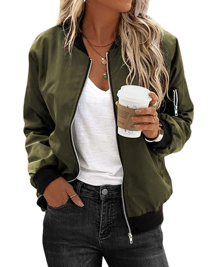 Women's Zip-Up Bomber Jacket with Ribbed Trim