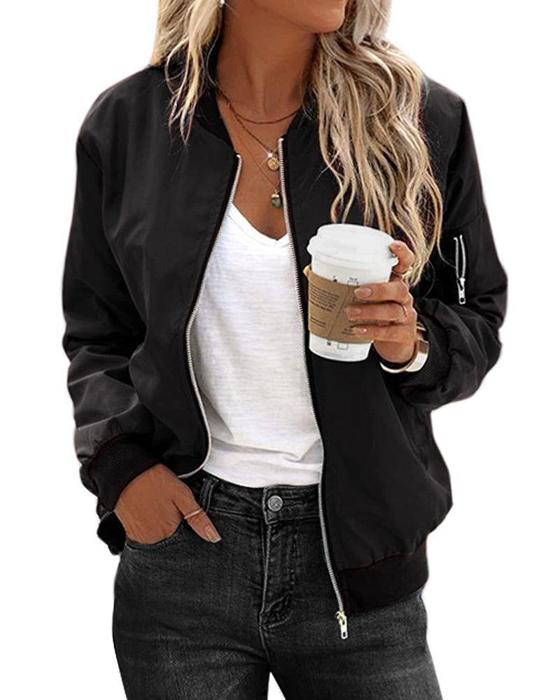 Women's Zip-Up Bomber Jacket with Ribbed Trim