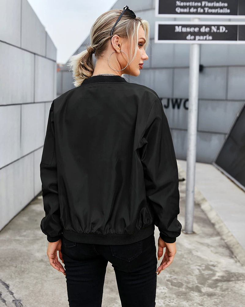 Women's Zip-Up Bomber Jacket with Ribbed Trim