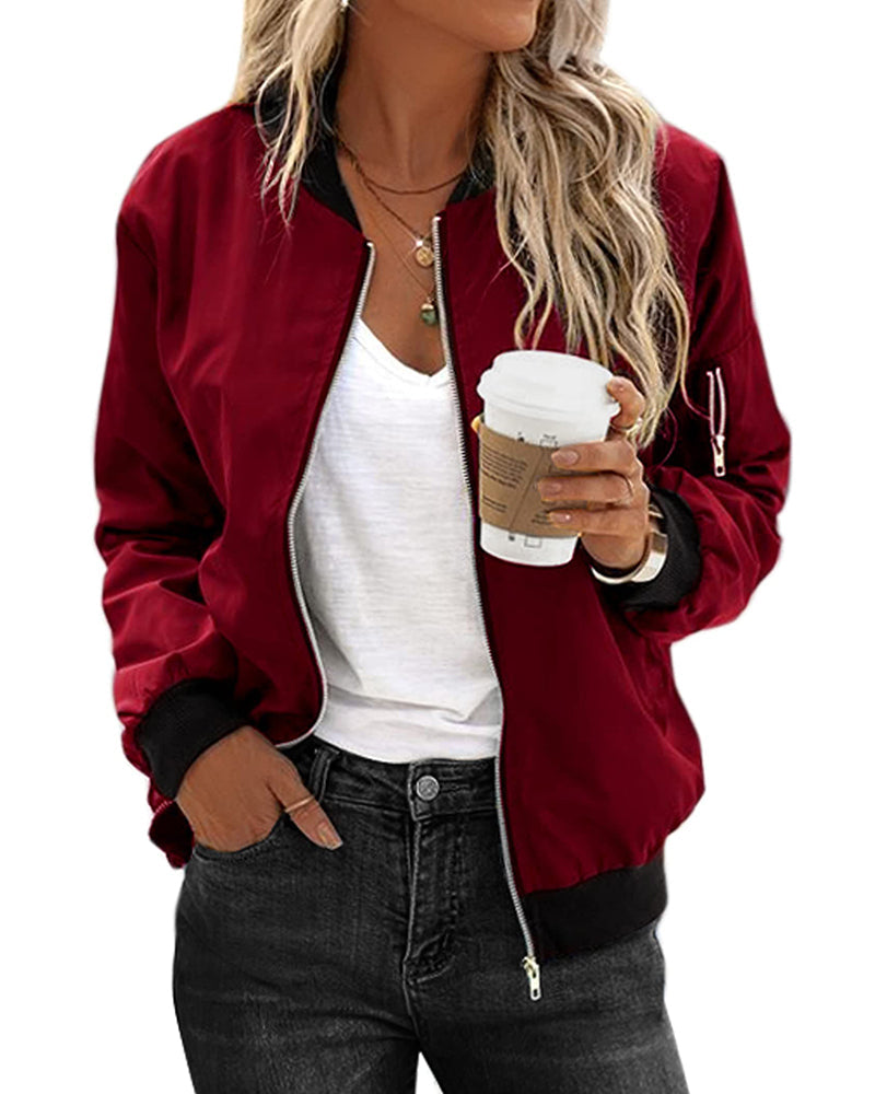 Women's Zip-Up Bomber Jacket with Ribbed Trim