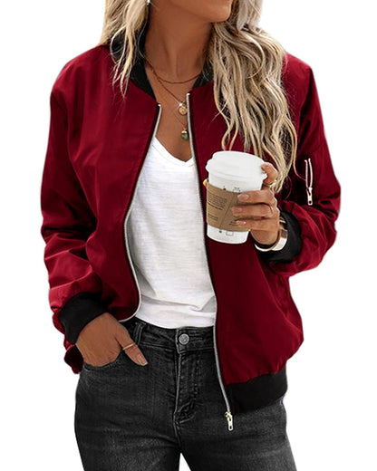 Women's Zip-Up Bomber Jacket with Ribbed Trim
