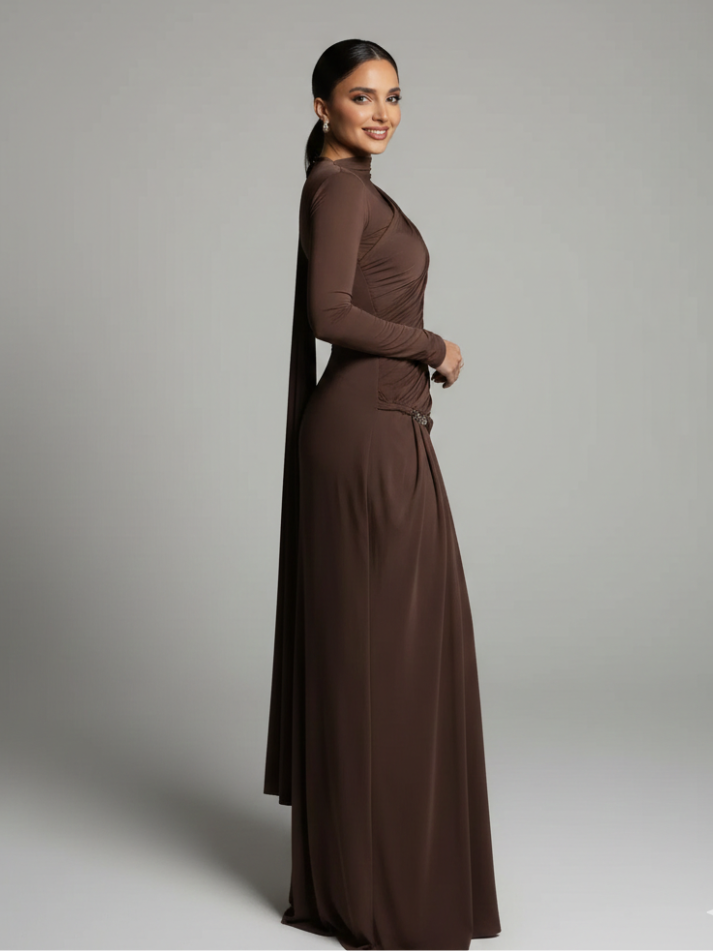 Asymmetrical Gathered Long Sleeved Draped Maxi Dress