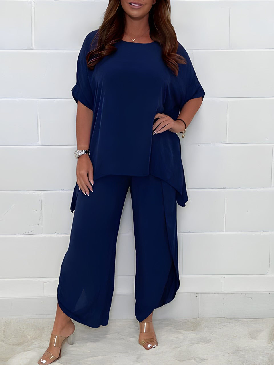 Textured Round Neck Two Piece Set