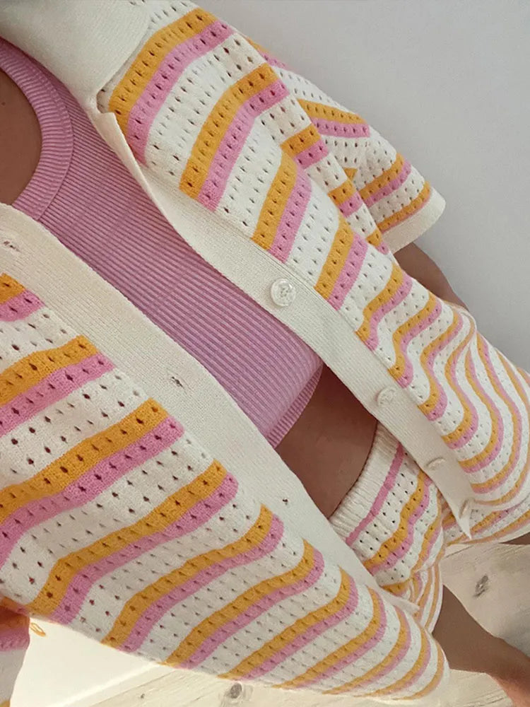 Striped Button Up Short Sleeve Shorts Set