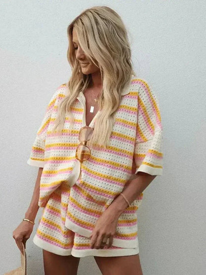 Striped Button Up Short Sleeve Shorts Set
