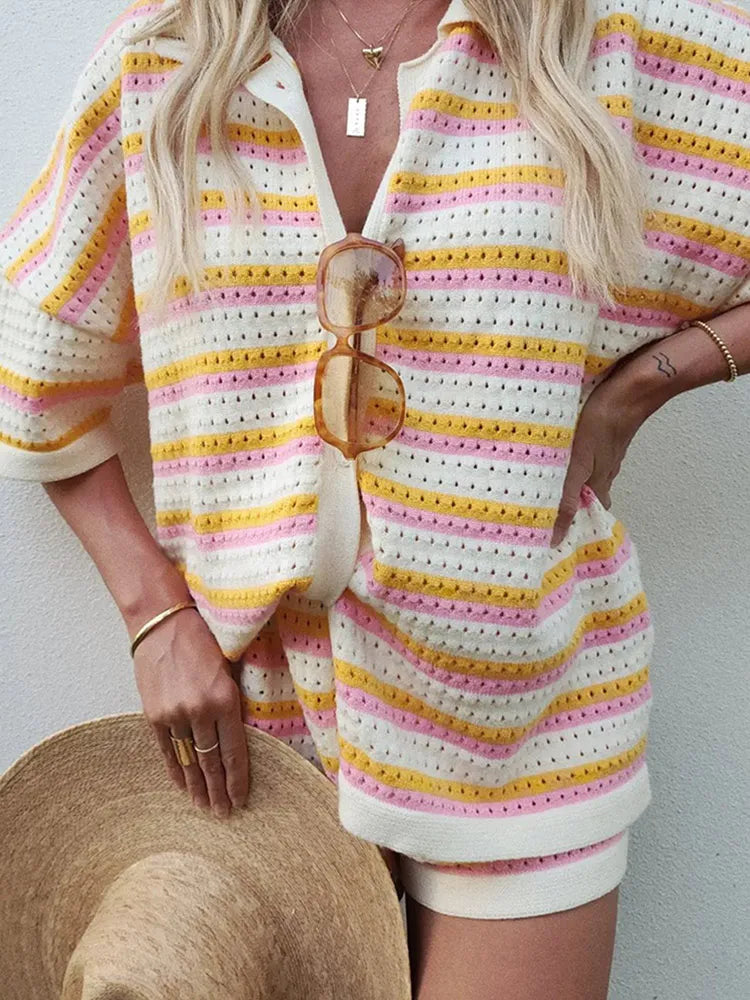 Striped Button Up Short Sleeve Shorts Set