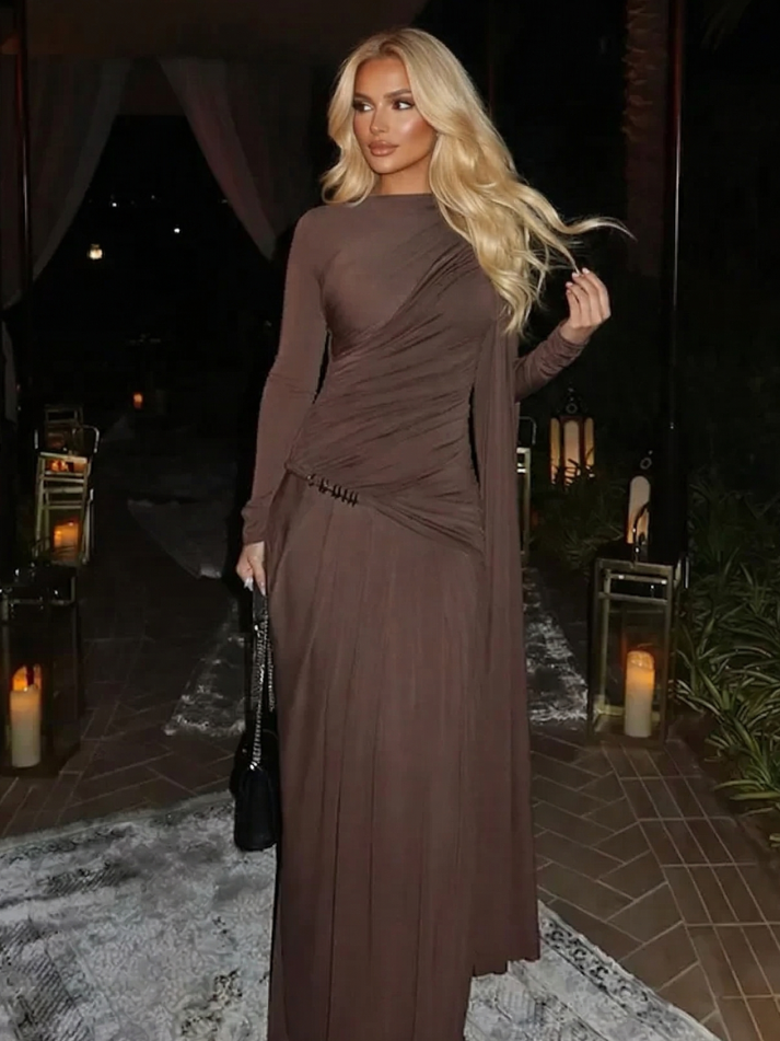 Asymmetrical Gathered Long Sleeved Draped Maxi Dress