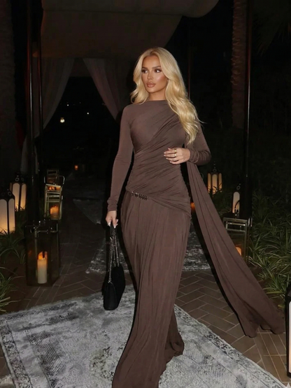 Asymmetrical Gathered Long Sleeved Draped Maxi Dress