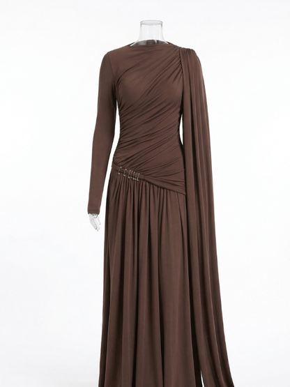 Asymmetrical Gathered Long Sleeved Draped Maxi Dress
