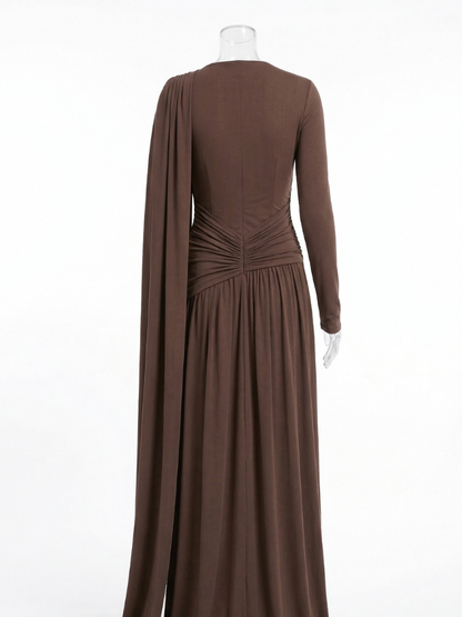 Asymmetrical Gathered Long Sleeved Draped Maxi Dress