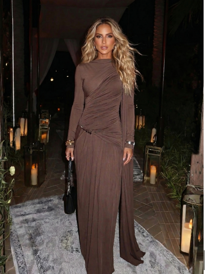 Asymmetrical Gathered Long Sleeved Draped Maxi Dress