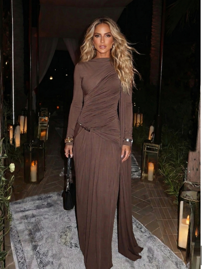 Asymmetrical Gathered Long Sleeved Draped Maxi Dress