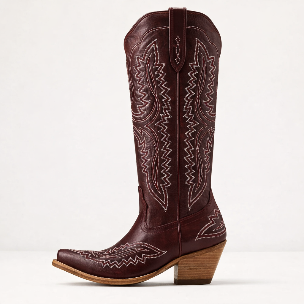 Patterned Zipped Stacked Pointed Tall Boots