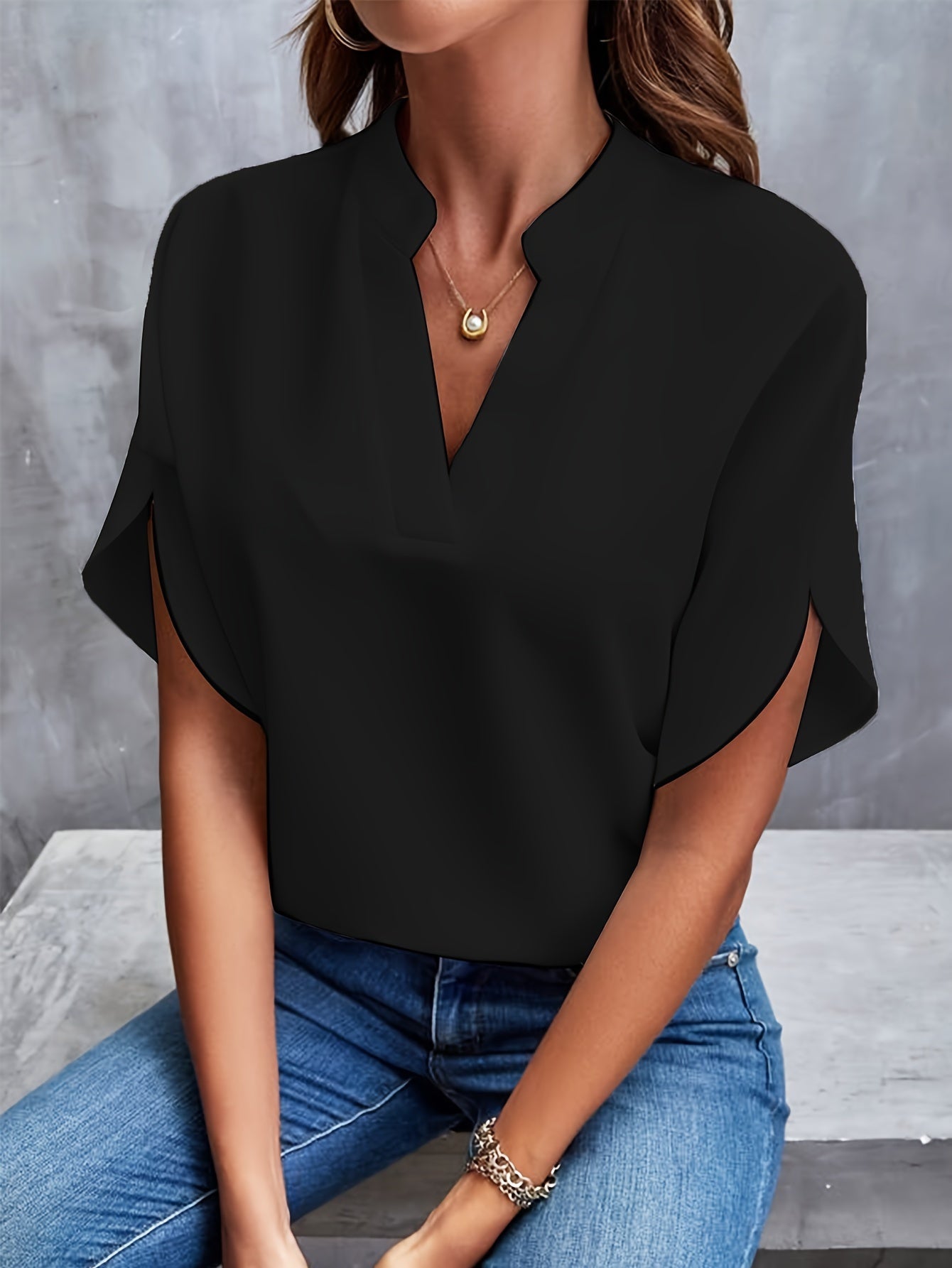 Notch Neck Petal Sleeve Blouse