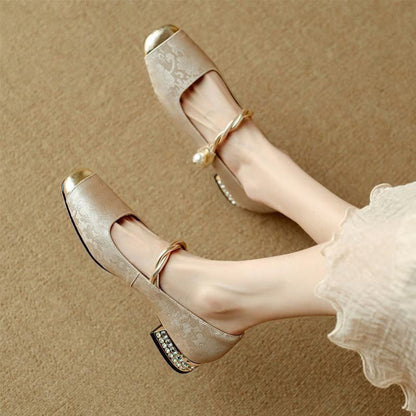 Twisted Strap Low Chunky Heel Patterned Shoes