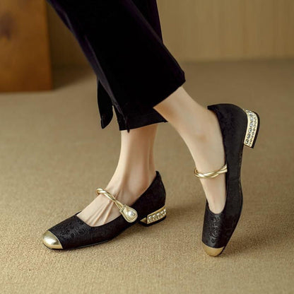 Twisted Strap Low Chunky Heel Patterned Shoes