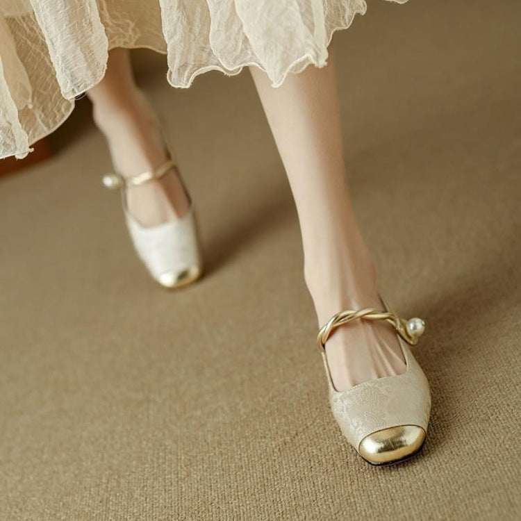 Twisted Strap Low Chunky Heel Patterned Shoes
