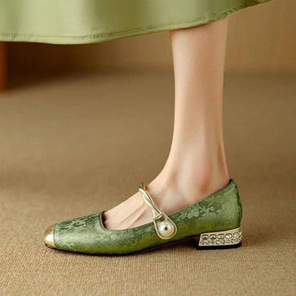 Twisted Strap Low Chunky Heel Patterned Shoes