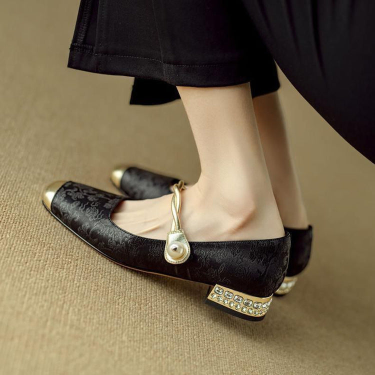 Twisted Strap Low Chunky Heel Patterned Shoes