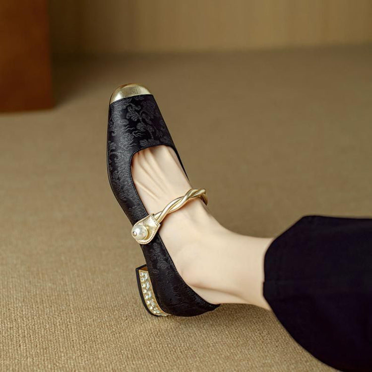Twisted Strap Low Chunky Heel Patterned Shoes