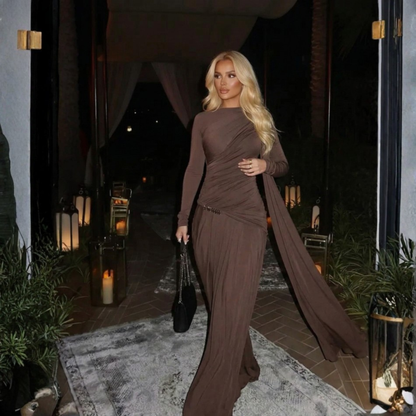 Asymmetrical Gathered Long Sleeved Draped Maxi Dress