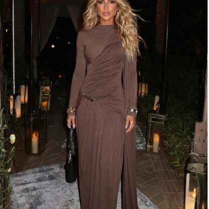 Asymmetrical Gathered Long Sleeved Draped Maxi Dress