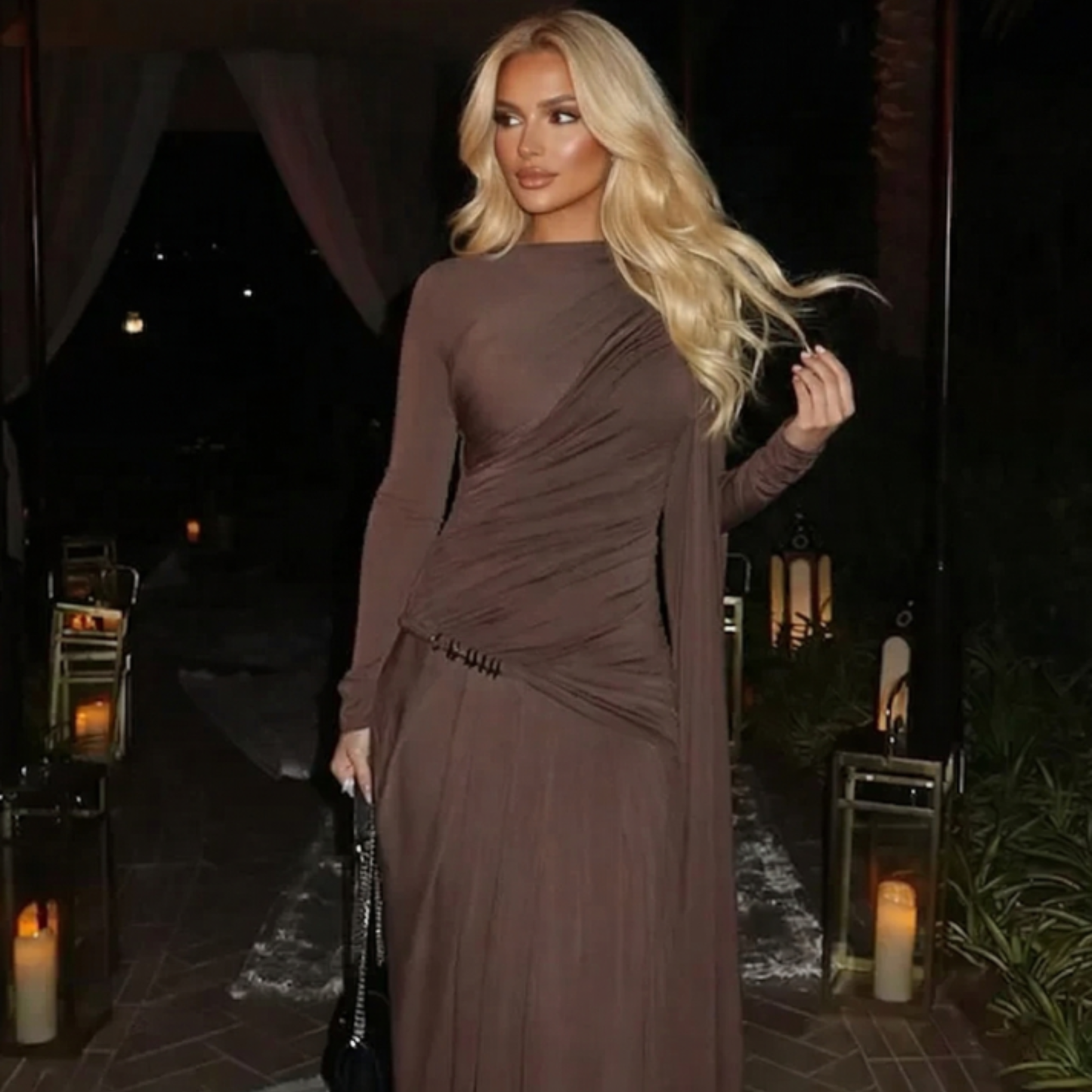 Asymmetrical Gathered Long Sleeved Draped Maxi Dress