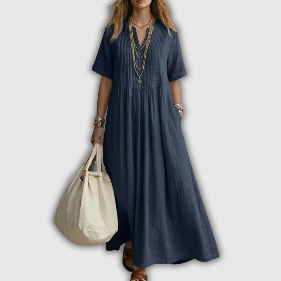 Pintuck V-Neck Short Sleeve Maxi Dress
