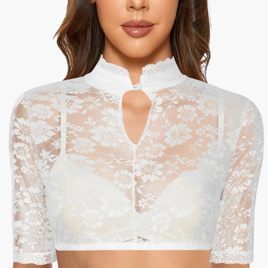 High Collar Short Sleeve Floral Lace Crop Blouse