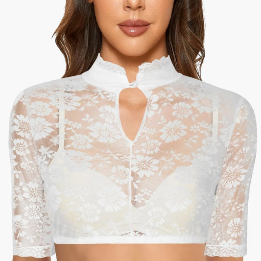 High Collar Short Sleeve Floral Lace Crop Blouse