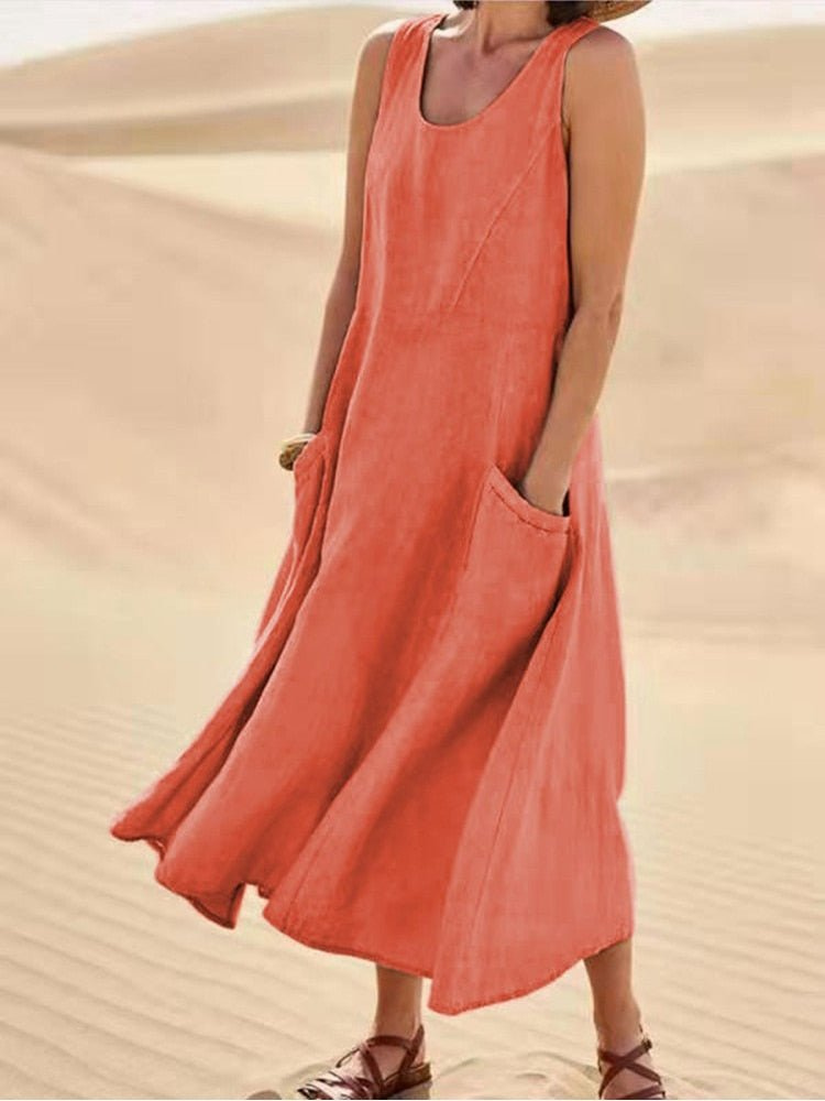 Sleeveless Scoop Neck A-Line Midi Dress with Pockets