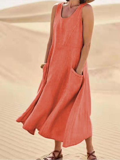 Sleeveless Scoop Neck A-Line Midi Dress with Pockets