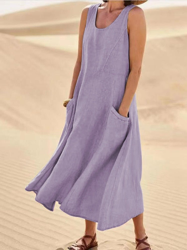 Sleeveless Scoop Neck A-Line Midi Dress with Pockets