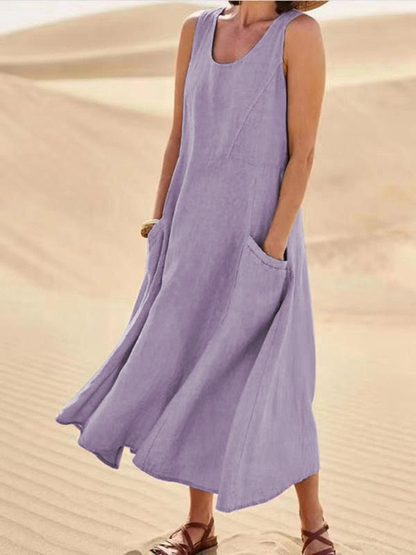 Sleeveless Scoop Neck A-Line Midi Dress with Pockets