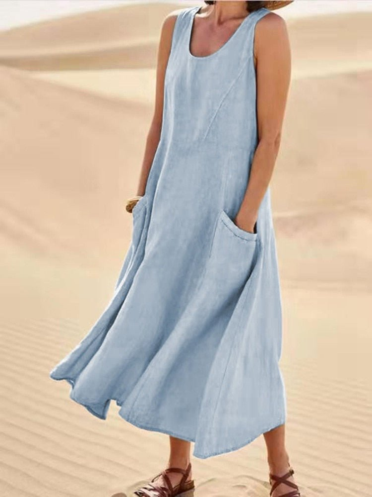 Sleeveless Scoop Neck A-Line Midi Dress with Pockets