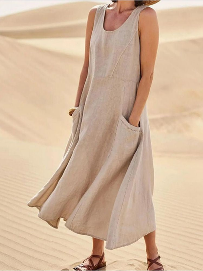 Sleeveless Scoop Neck A-Line Midi Dress with Pockets