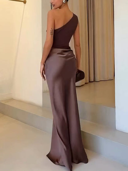 Sleeveless Draped Asymmetric Pleated Maxi Dress