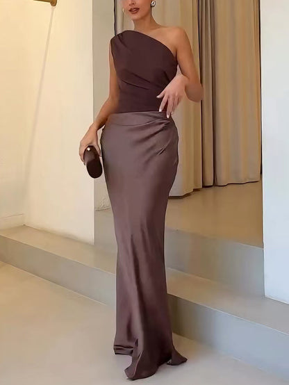 Sleeveless Draped Asymmetric Pleated Maxi Dress