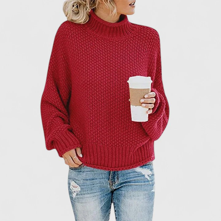 Mock Neck Long Sleeve Chunky Knit Sweater For Women