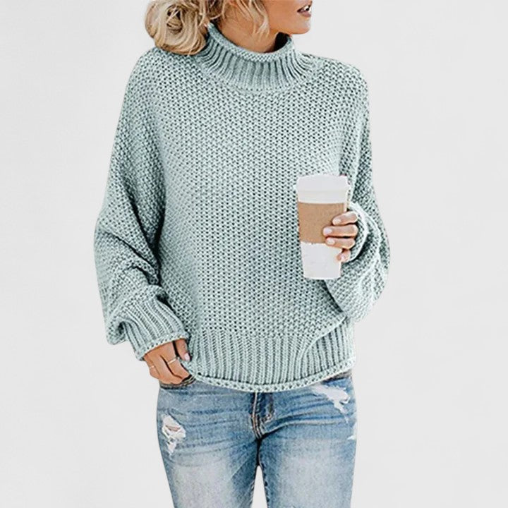 Mock Neck Long Sleeve Chunky Knit Sweater For Women