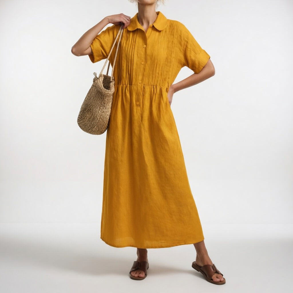 Collared Buttoned Gathered Loose Midi Dress