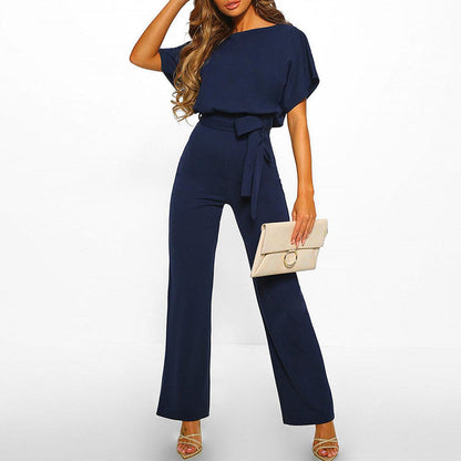 Dolman Sleeve Tie Waist Keyhole Back Wide Leg Jumpsuit
