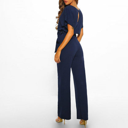 Dolman Sleeve Tie Waist Keyhole Back Wide Leg Jumpsuit