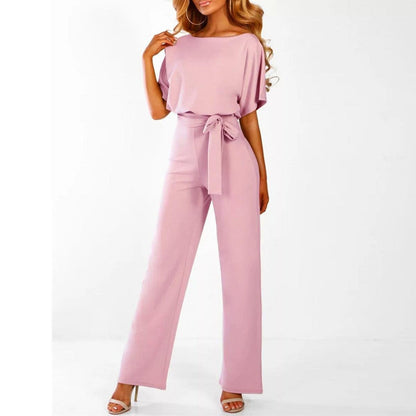 Dolman Sleeve Tie Waist Keyhole Back Wide Leg Jumpsuit