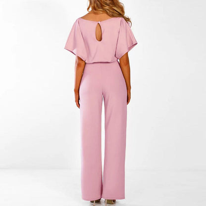 Dolman Sleeve Tie Waist Keyhole Back Wide Leg Jumpsuit