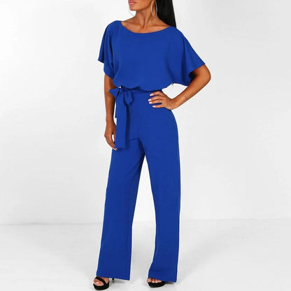 Dolman Sleeve Tie Waist Keyhole Back Wide Leg Jumpsuit